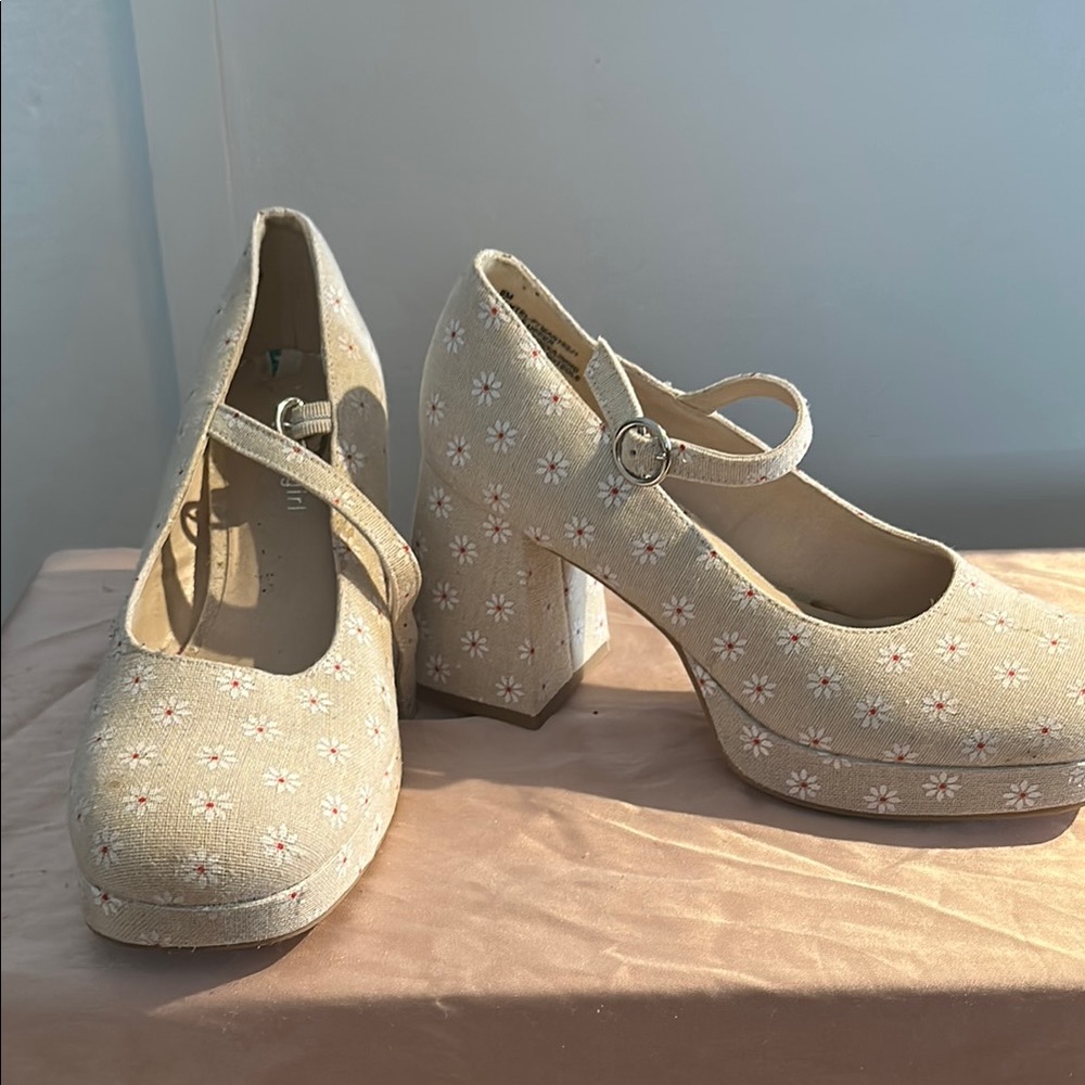 Floral Beige Mary Jane Heels